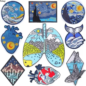 

Pulaqi Wilderness Patch Waves Mountains Patches For Clothing Traveler Punk Heart Van Gogh Stripe Embroidered Patches For Clothes
