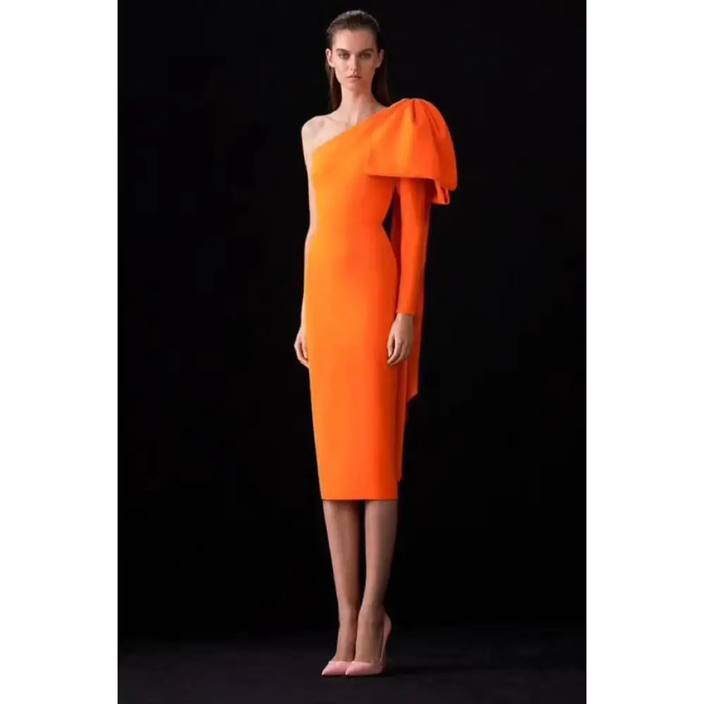 

2020 New Arrival Orange Midi Bodycon Dress Celebrity Fashion Party Wear New Spring Dress Vintage Vestios