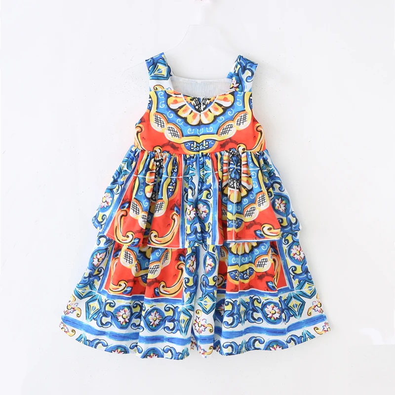 Menoea для девушек сезон лето; обувь в европейском и американском стиле; детское платье для девочки, платье без рукавов с рисунком, платье с принтом для От 3 до 9 лет Детское платье принцессы