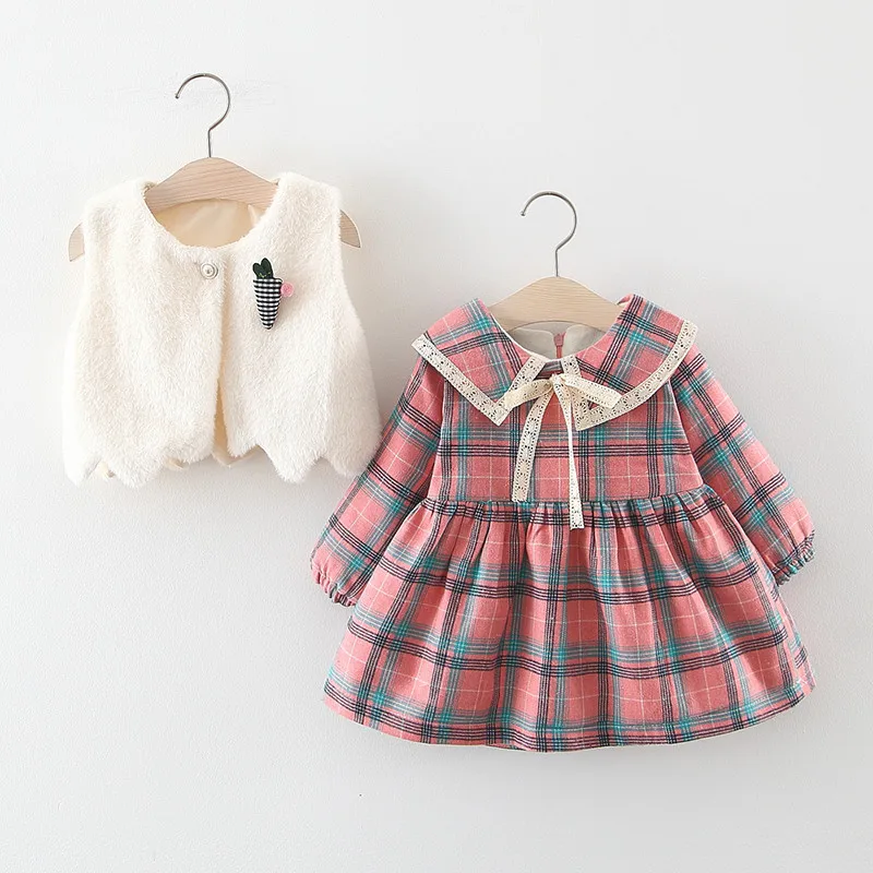 Sodawn Kids Girl Clothes Girl Dress Winter Baby Girl Clothing Sets Infant Toddler Costume Vest+Plaid Dress 2pcs Clothing Sets