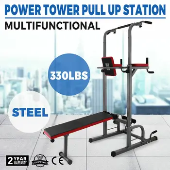 

Power Tower Dip Station With Bench Bar Adjustable Pull Up Gym Workout Station