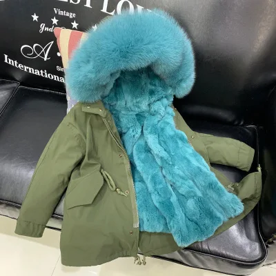 Army Green Coat Fur Jacket Girls Winter Clothes Rabbit Fur Kids Parkas Real Raccoon Fur Hooded Children Jacket For Girls TZ90 - Цвет: green green 2