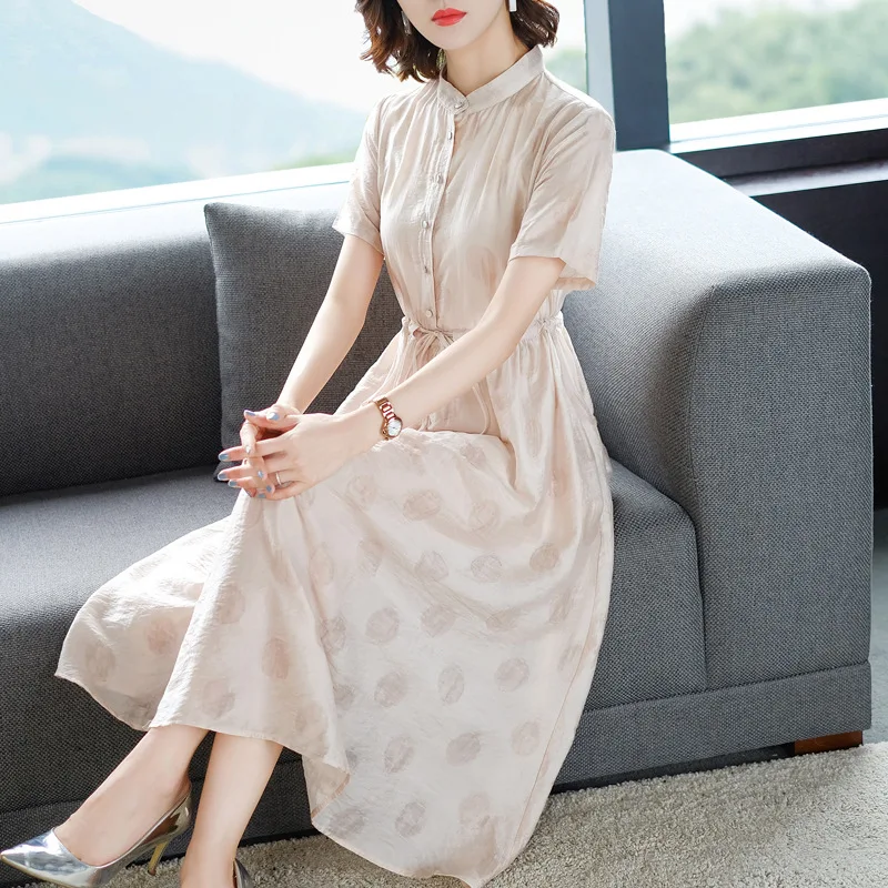 

Summer Cotton and Linen Dress 2020 New Lace Up Show Thin Dress Stand Collar Short Sleeve Medium Long Temperament Elegant Dress