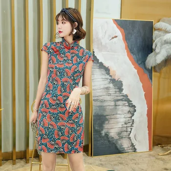 

Classic Chinese Women Cheongsam Multi Cotton Linen Elegant Prom Party Dress Mandarin Collar Vestidso Sexy Short Sleeve Qipao