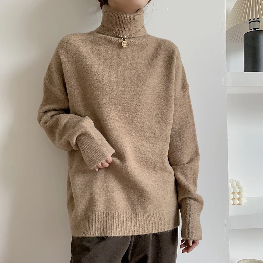 

Vintage Women Turtleneck Sweater Oversize 2020 Autumn Winter Loose Korean Knitted High Collar Pullover Sweater for Women Jumper