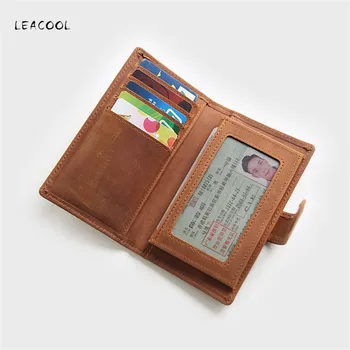 

LEACOOL Vintage Men Wallet Genuine Leather Long Wallets Male Multifunctional Cowhide Purse Coin Pocket Driver License Holder