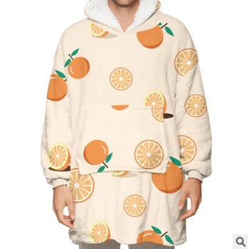

Unisex Blanket Hoodie, Wearable Oversized Cartoon Print Sherpa Lined Hooded Blanket Sweatshirt with Front Pocket