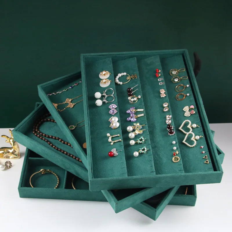 Top Selling Green Flannel Ring Necklace Bracelet Earring Jewelry Tray With Glass Storage Box Jewelry Display Showcase Display