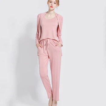 

Spring Summer Ladies High Elestic Pajama Set Modal Soft 3Pcs Set Cardigan +Vest+Pants+Women O Neck Casual Breathable Homewear