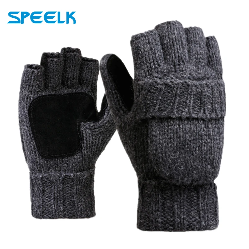 2023 New Woollen Knitted Gloves Half Finger Flip Men Women Winter Wool Glove Velvet Thick Leather Warm Outdoor Riding Gloves