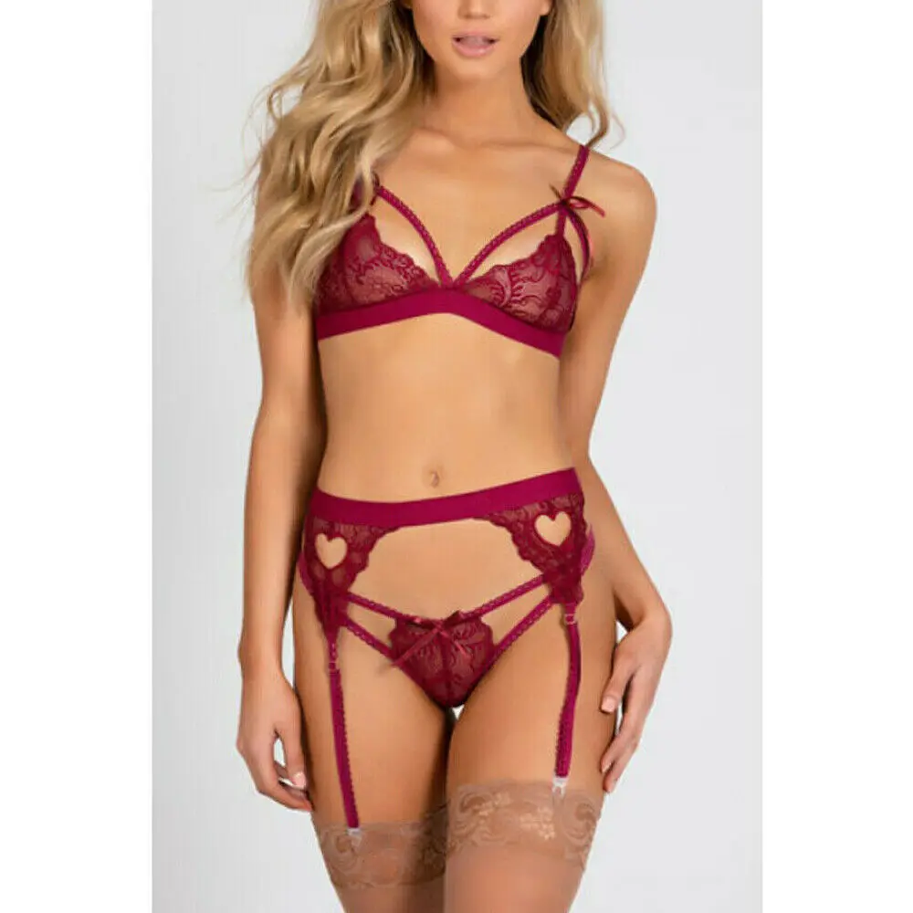 wine red Сексуальное женское нижнее белье 3 шт женский кружевной бюстгальтер+ стринги Набор Babydoll Нижнее Белье для сна g-стринги подвязка - Цвет: wine red