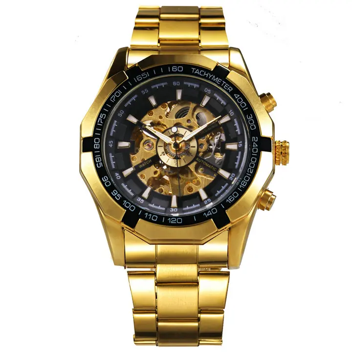 GOLD ALL BLACK WINNER официальный Винтаж Механические мужские s часы лучший бренд класса люкс Скелет автоматические часы для мужчин медь сталь ремешок наручные часы - Цвет: GOLD ALL BLACK