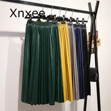 Осенняя мода новая pu кожаная плиссированная юбка эластичная высокая талия универсальная женская нижняя часть