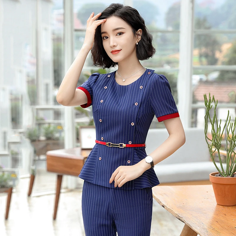 Blue Pant Suit Женский комплект с юбкой из двух частей, летняя женская деловая юбка, офисный костюм с коротким рукавом, Женский деловой костюм, одежда для работы, D0175 - Цвет: Blue Pant Suit