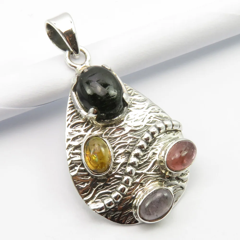 

Multicolor Tourmaline Pendant 3.5 cm Wedding Jewelry Solid Silver