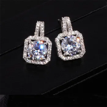 

Hot Sale Luxury Jewelry 925 Sterling Silver Round Cut White Topaz CZ Diamond Square Party Women Wedding Stud Earring For Love