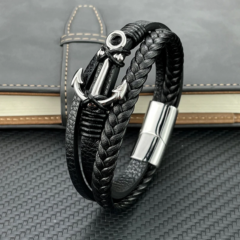 Fashion Charm Cross Men Bracelet Multilayer Leather Bracelet Punk Jewelry Stainless Steel Magnetic Clasp Bangles Boho bracelet jewelry