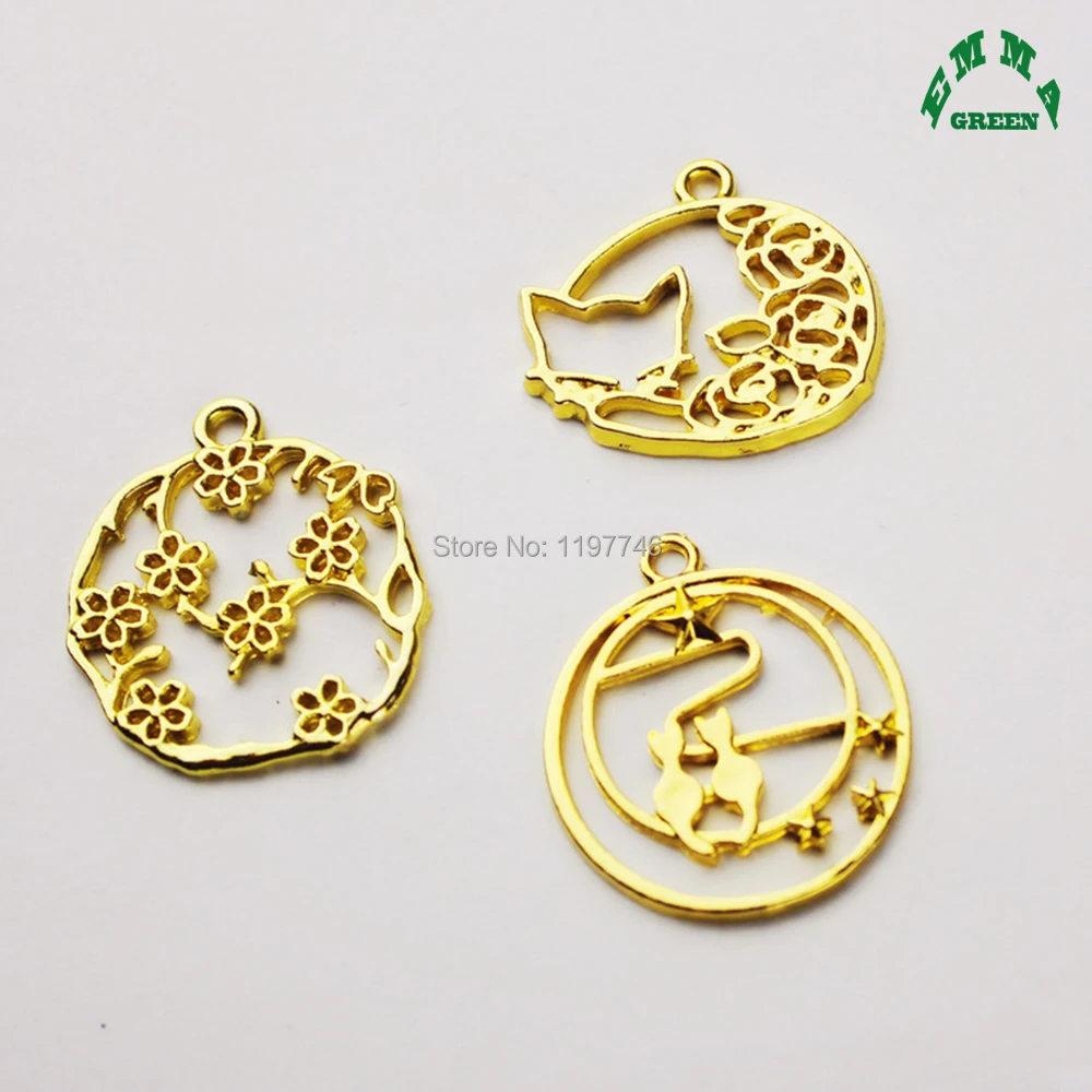Gold Mold Charm Hollow Wreath Flower Cat Metal Pendants Charms Accessories for Jewelry Making Handmade Finding 20pcs 28mm