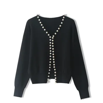 

Spring Autumn Korean Style Women Cardigans With Beading Knitted Long Sleeve Sweater V Neck Female Jumper Coat Open Cardigan