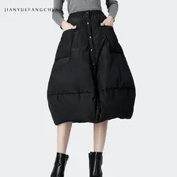 Универсальные осень-зима женская черная утка вниз юбка теплая Высокая талия юбка миди развертываемых длинная юбка тонкая линия Jupe