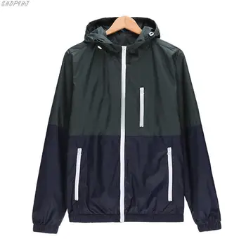 

Spring Autumn Lightweight Jacket New Arrival Hooded Contrast Color Zipper up Jackets Outwear Cheap Windbreaker Men Casual