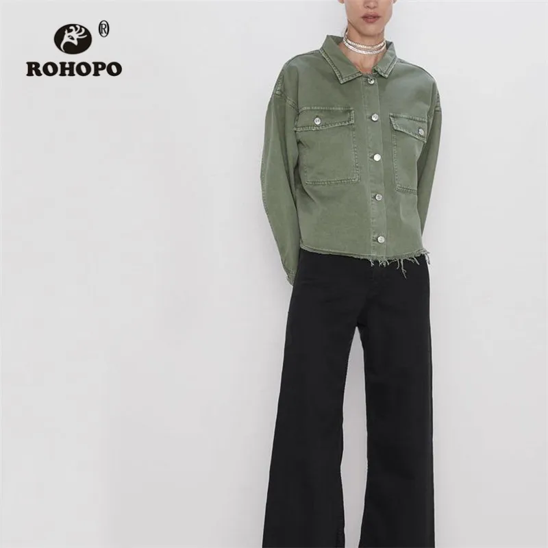 

ROHOPO Frayed Hem Top Pockets Army Green Cotton Straight Denim Jacket #9456