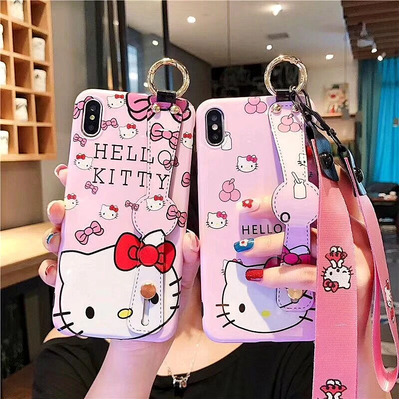 Милый hello kitty Cat кронштейн+ ремешок чехол для iphone 7 Чехол Xs Max 6 6s 8 Plus X Xr мультфильм мягкий ТПУ чехол для телефона