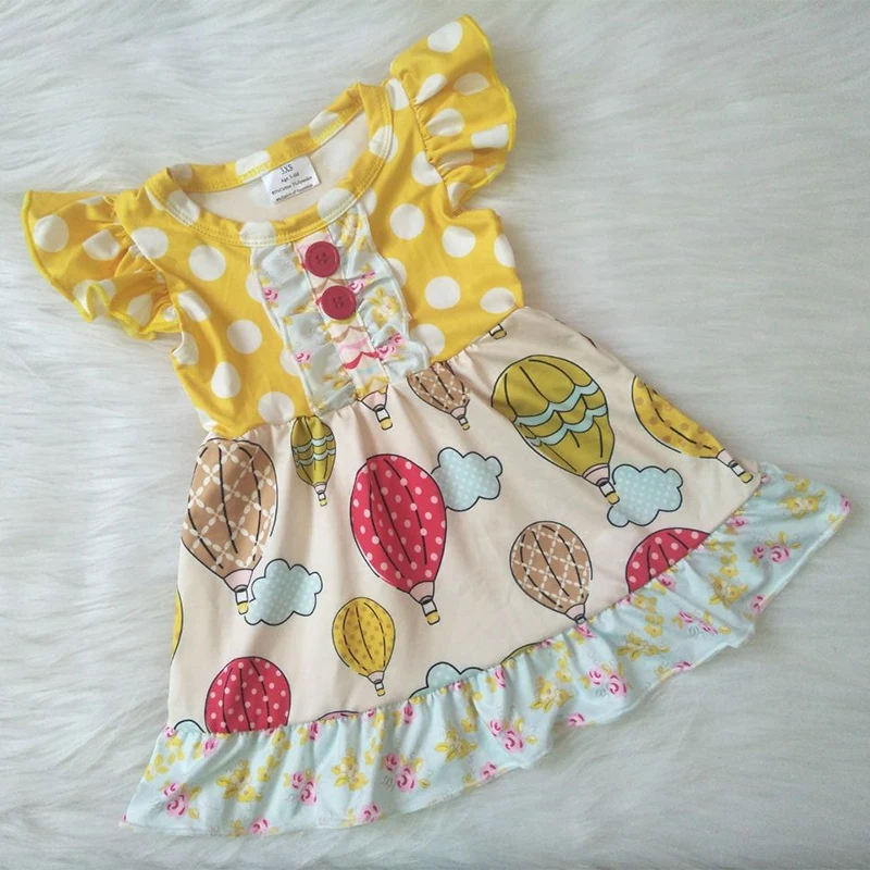 Популярное желтое платье для маленьких девочек с воздушными шариками; детская одежда с оборками; Изысканные летние платья до колена для маленьких девочек
