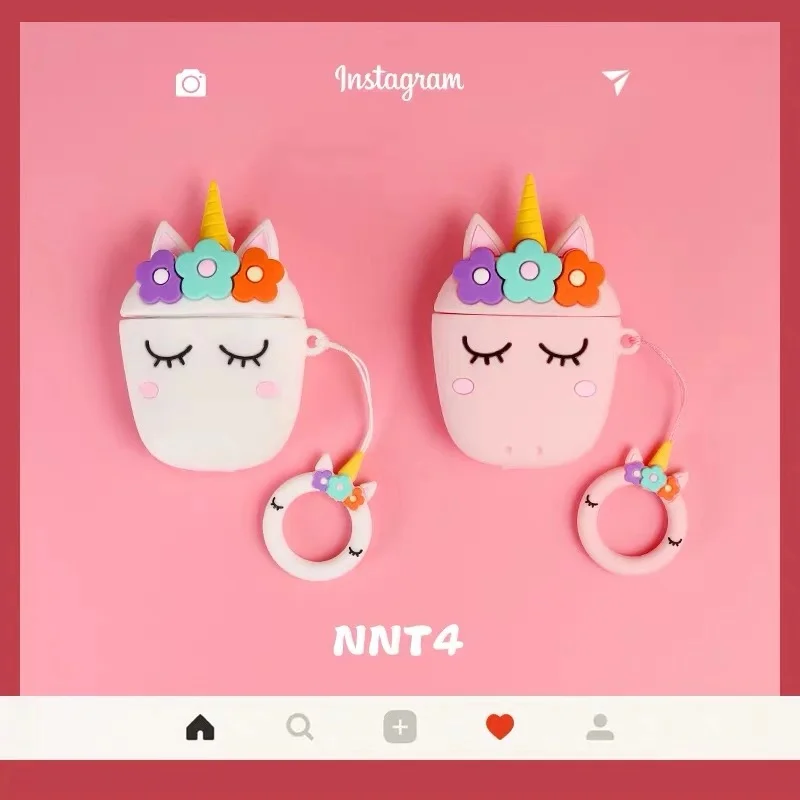 

Earphone Case For Airpods 2 Case 3D Unicorn Silicon Soft Cover for Airpods 1 2 Headset Case Flower Earbuds Case Cover Ring Strap