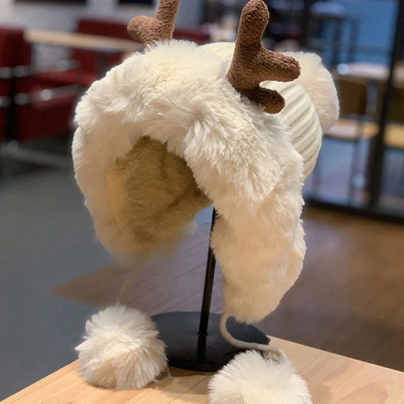 Winter Beanie Hut für Frauen Gefüttert Warm Pompoms Geweih Earflap Hut Nette Schädel Kappe Outdoor Ice Skating Radfahren WEIHNACHTEN Geschenk