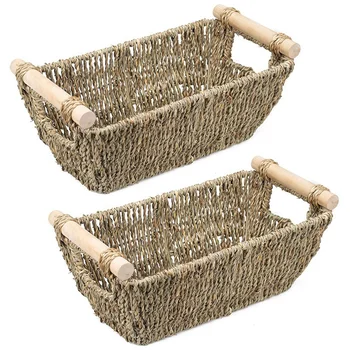 

2 Pcs Hand-Woven Wicker Baskets, Seagrass Storage Baskets with Wooden Handles, Perfect for Home Organization
