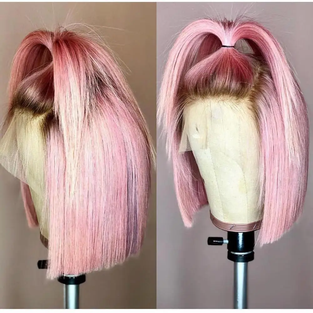 Ombre Honey PINK Roselover, короткий Боб, Омбре, цветной, 13*6, кружевные передние человеческие волосы, парики, предварительно выщипанные с детскими волосами, Remy, бразильские человеческие волосы 150% 8-14" - Цвет: Ombre Honey PINK