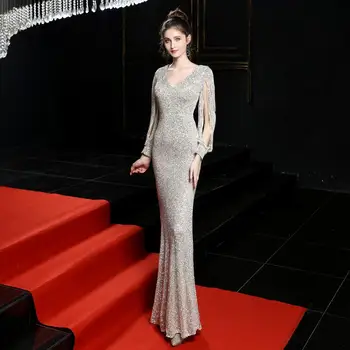 

Silver Sequined Deep V Neck Hollow Out Long Sleeve Mermaid Women Sexy Elegant Dresses Party Clubwear Banquet Formal Luxury Dress