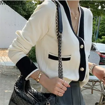 

2020 New Fashion Trend Loose Casual Vintage Ladies Knitted Cardigans Sweaters Long Sleeve V-neck Korean Sexy Splicing Hot Sall