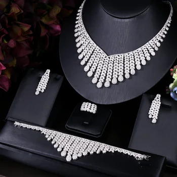 

Accking Luxury 4pcs tassel Trendy Bridal Jewelry Sets Dubai Full cubic zirconia For Women Wedding Party Accessories necklace
