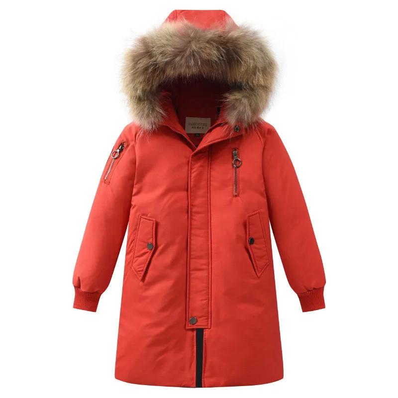 Dollplus/пальто для мальчиков зимняя детская куртка-пуховик длинное плотное зимнее пальто для мальчиков детские куртки на утином пуху для мальчиков, верхняя одежда с меховым воротником - Цвет: Оранжевый