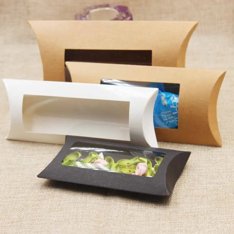 

Mutli size pilllow window box for gifts display.Merchandise products display pillow box .Kraft paper gifts box with window 50pcs