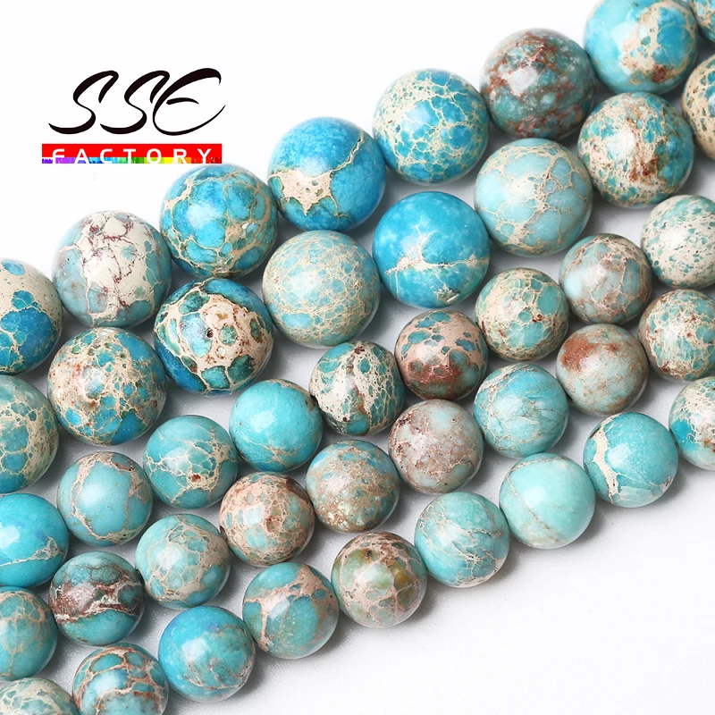 Natural Stone Lake Blue Sea Sediment Turquoises Jaspers Round Loose Beads 15" 4 6 8 10 12 MM For Jewelry Making Wholesale T29 |