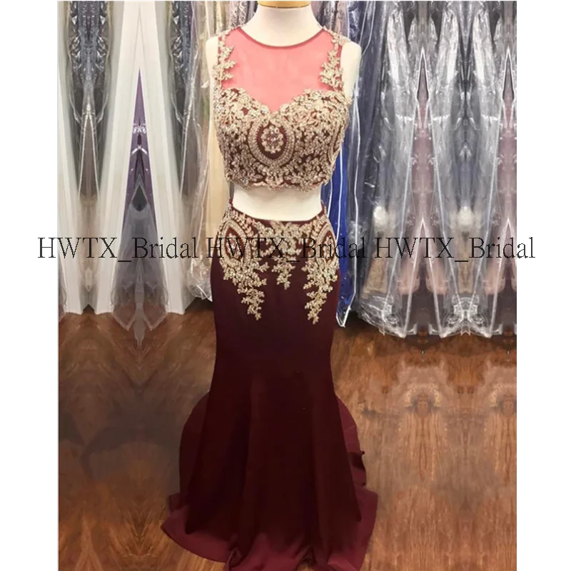 HWTX_Bridal, 2 предмета, платье для выпускного вечера с золотыми кружевными аппликациями, бордовое, атласное,, длинное, Русалка, вечернее платье, Vestidos De Novia