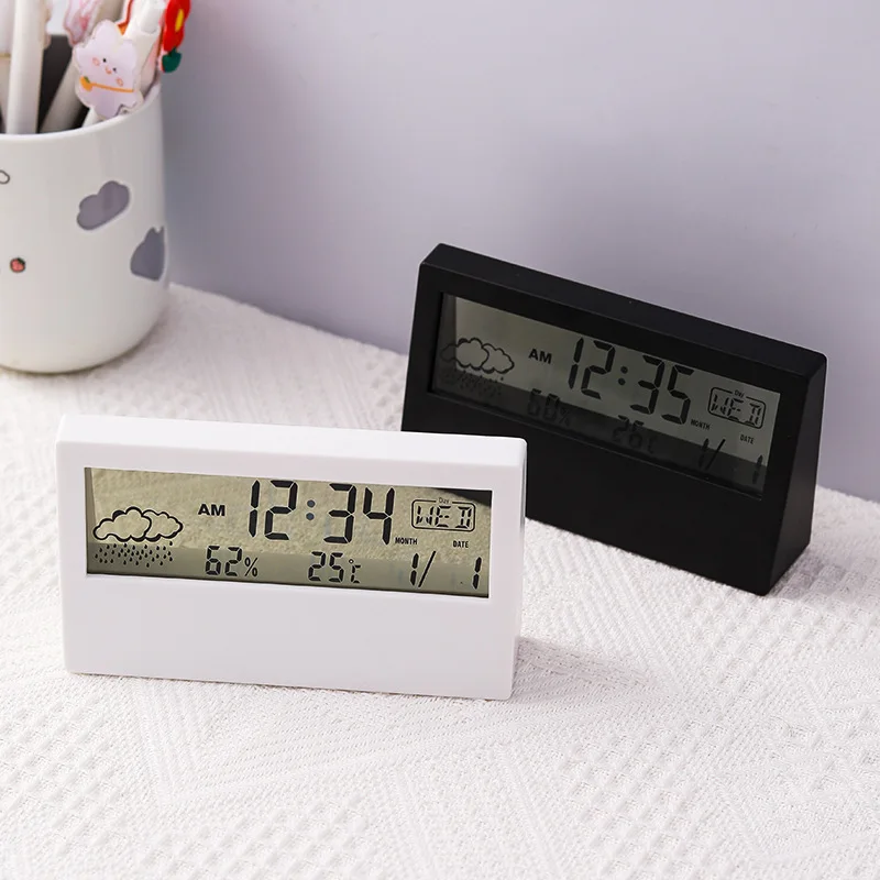 LCD Digital Alarm Clock with Transparent Battery Operated Home Indoor Temperature Humidity Meter Clock Weather Forecast Sensor