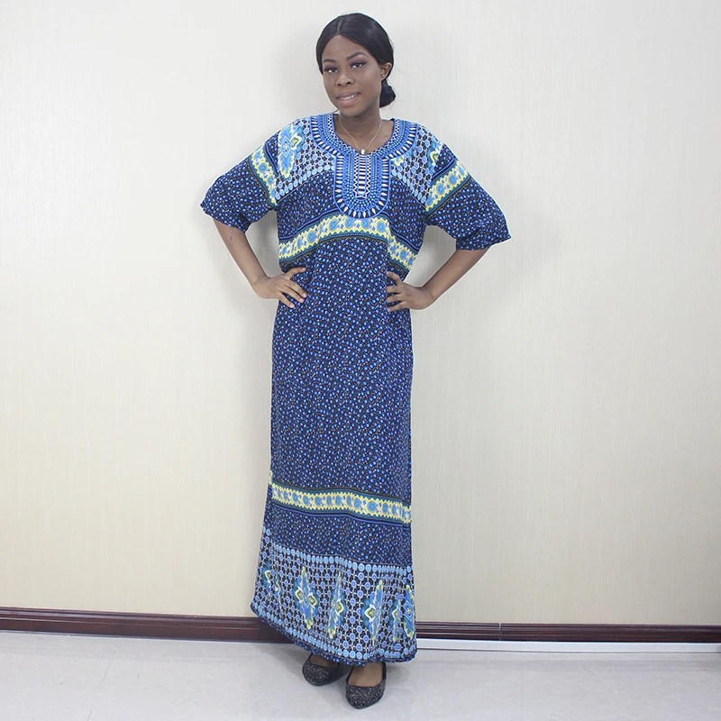 Африканская Дашики аппликации свободные короткий рукав фиолетовый хлопок Модное Длинное Платье - Цвет: Синий