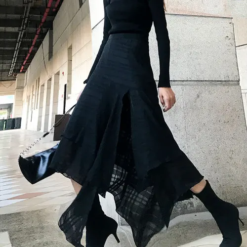 Черный Дизайн, новинка, Harajuku, женские клетчатые юбки, черные, необычные, высокая талия, длинная юбка для танцев, уличная одежда, Saias Femininas - Цвет: Черный