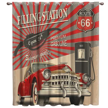 

Retro Car Poster Room Curtains Large Window Route 66 Curtains Dark Curtain Rod Kitchen Decor Kids Swag Window