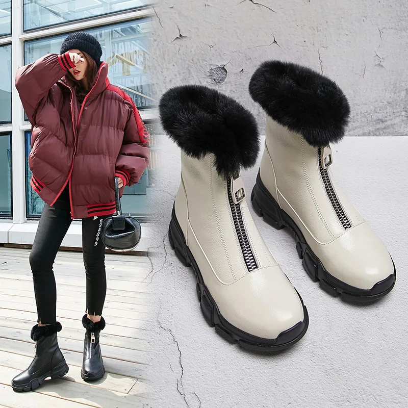 

Full Leather Snow Boots Really Rabbit Fur Front Zipper Short Boots 2018 Autumn & Winter round-Toe Genuine Leather Thick Bottomed