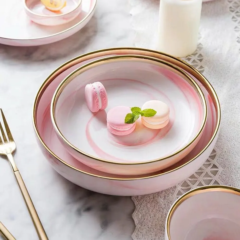 1 шт., керамическая тарелка из розового мрамора, тарелка для риса, салата, тарелка для супа, набор столовых приборов, домашняя посуда, кухонные инструменты, wy122721