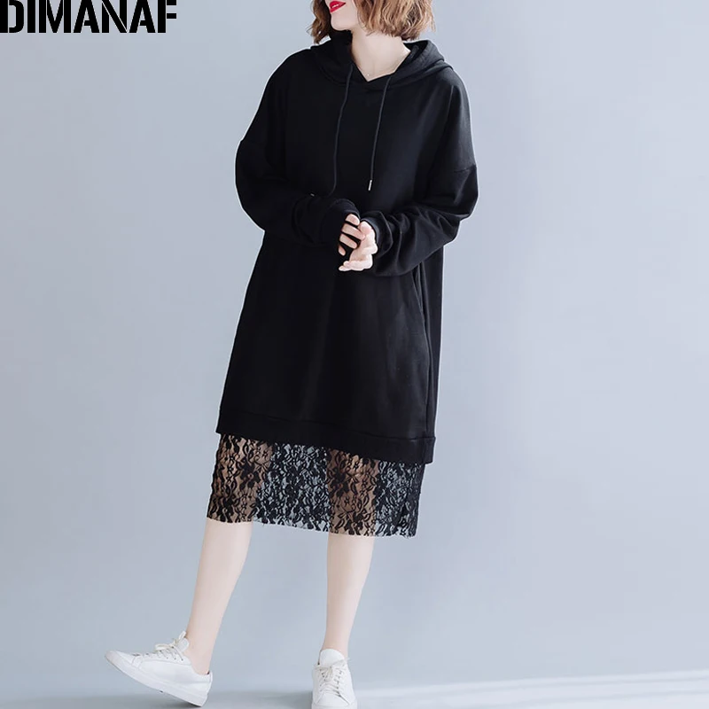 DIMANAF плюс размер женские толстовки Vestidos Осень Зима длинный рукав большой размер, свободного кроя хлопок черный женские рубашки с капюшоном Кружева Сплайсированные