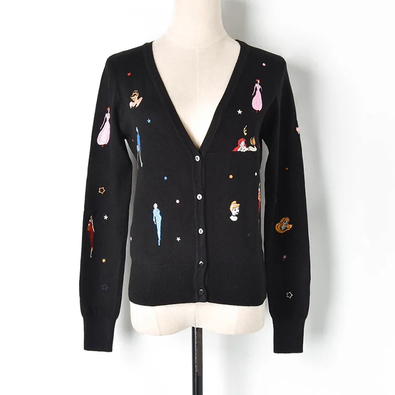 Spring Summer Embroidered Sweater Cartoon Mermaid Princess V-neck Wild Long-sleeved Knitted Cardigan Women Tops Outerwear T90520 |