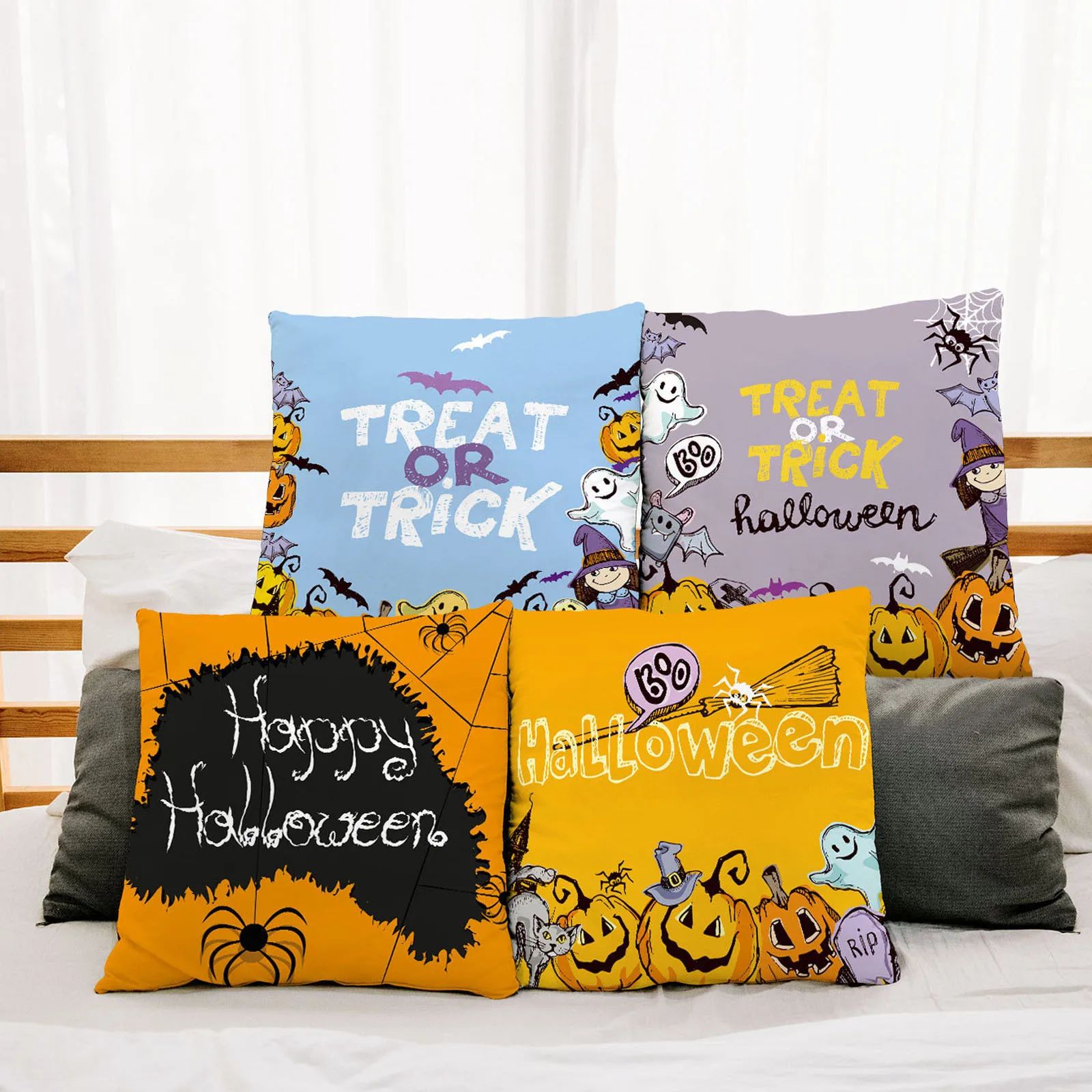 Multicolor Halloween Pumpkin Print Pillow Case Soft Sofa Waist Throw Cushion 