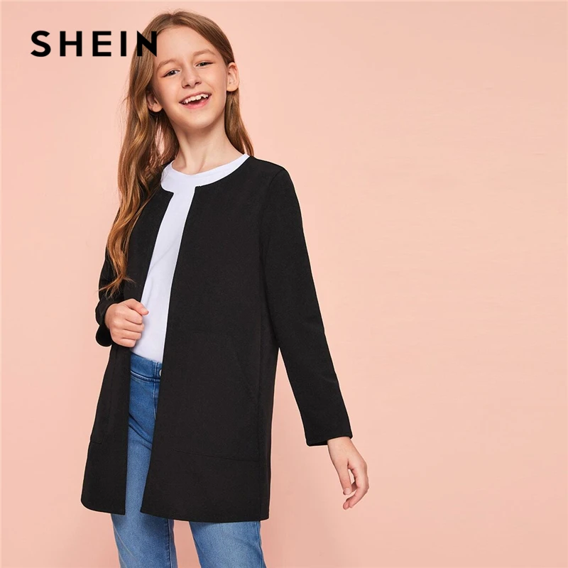 Шеин, детское черное однотонное повседневное пальто с открытой передней частью для девочек, детская верхняя одежда, весеннее детское осеннее пальто с длинными рукавами и двойным карманом