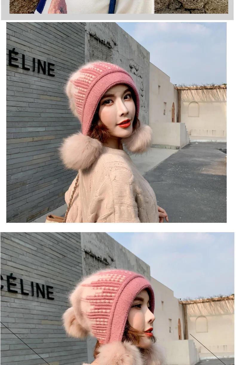 Kagenmo Female Winter Plus Velvet Thick Warm Rabbit Fur Hat Knit Hat Fashion Wild Hair Ball Cap Head Ear Protection College